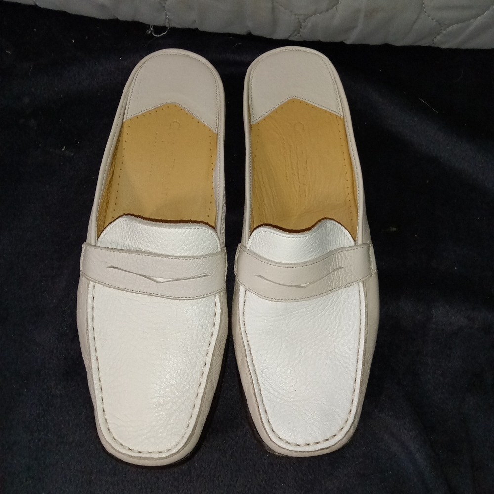 White & Ivory Leather Mule Loafers